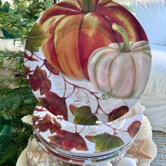 NWT! Fall Thanksgiving Pumpkin Melamine Dinner Plates Set/8 - Picture 1 of 4